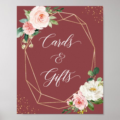 Cards and Gifts Sign Cinnamon Rose Blush Floral - Modern Geometric Frame Cinnamon Rose Blush Floral Cards and Gifts Script Sign Poster. 
(1) The default size is 8 x 10 inches, you can change it to a larger size.  
(2) For further customization, please click the "customize further" link and use our design tool to modify this template. 