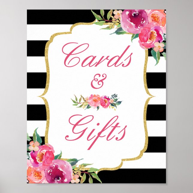 Cards and Gifts Sign Fuchsia Floral Black Stripes (Front)