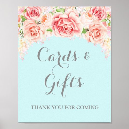 Cards and Gifts Sign Pink Watercolor Flowers Blue