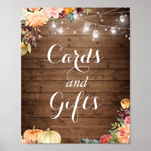 Cards and Gifts Sign  Rustic Autumn Floral Lights