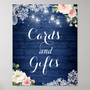 Cards and Gifts Sign   Rustic Blue Lights Floral