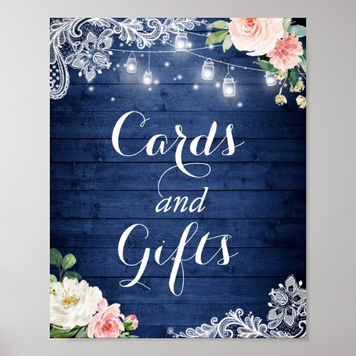 Cards and Gifts Sign | Rustic Blue Lights Floral - Create your own Cards and Gifts Sign with this "Rustic Blue Mason Jar String Lights Lace Floral Poster" template to match your wedding colors and style. This high-quality design is easy to personalize to be uniquely yours! 
(1) The default size is 8 x 10 inches, you can change it to any size. 
(2) For further customization, please click the "customize further" link and use our design tool to modify this template. 
(3) If you need help or matching items, please contact me.