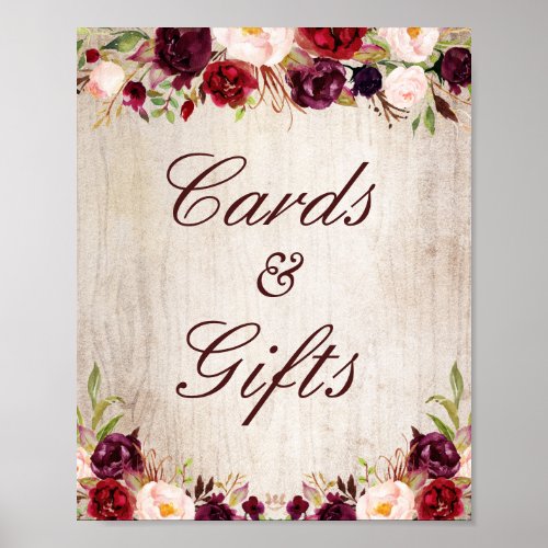 Cards and Gifts Sign Rustic Wood Burgundy Floral - Rustic Wood Burgundy Floral Cards and Gifts Sign Poster. 
(1) The default size is 8 x 10 inches, you can change it to a larger size.  
(2) For further customization, please click the "customize further" link and use our design tool to modify this template. 
(3) If you need help or matching items, please contact me.