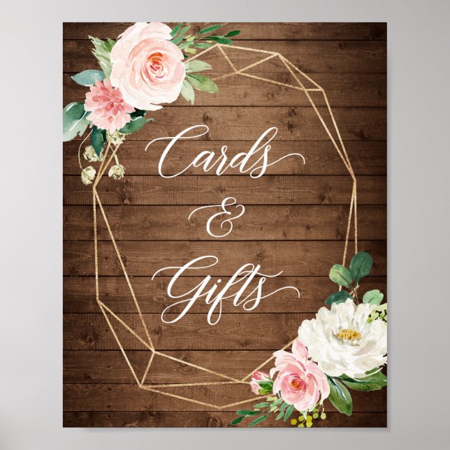 Cards and Gifts Sign Rustic Wood Geometric Floral (Front)