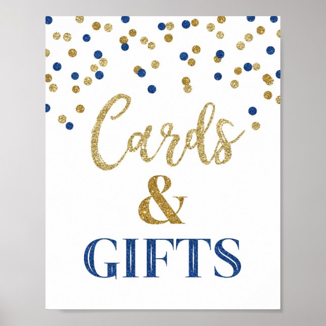 Cards and Gifts Wedding Sign Blue Gold Confetti (Front)