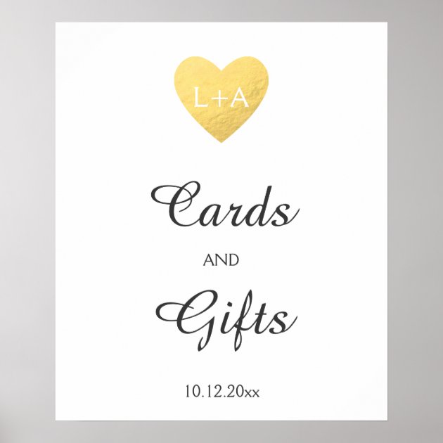 Cards And Gifts Wedding Sign, Faux Gold Heart Poster