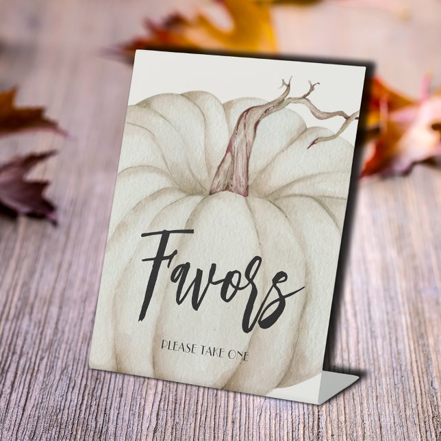 Cards and Gifts White Pumpkin Baby Shower Pedestal Sign (Favors tabletop pedestal sign with a white pumpkin for a baby shower or any occasion)