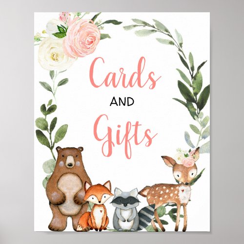 Cards and gifts woodland greenery pink baby shower poster