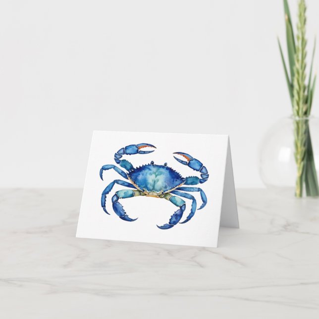 Cards Blank Inside Blue Watercolor Crab Beach  (Front)