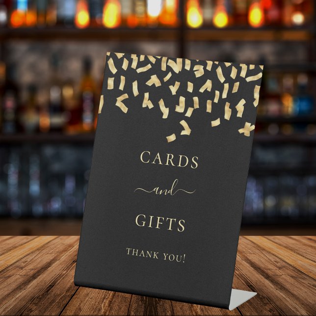 Cards gifts black gold confetti pedestal sign (Creator Uploaded)