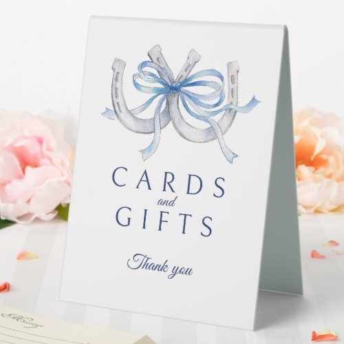 Cards gifts blue ribbon horseshoes wedding sign