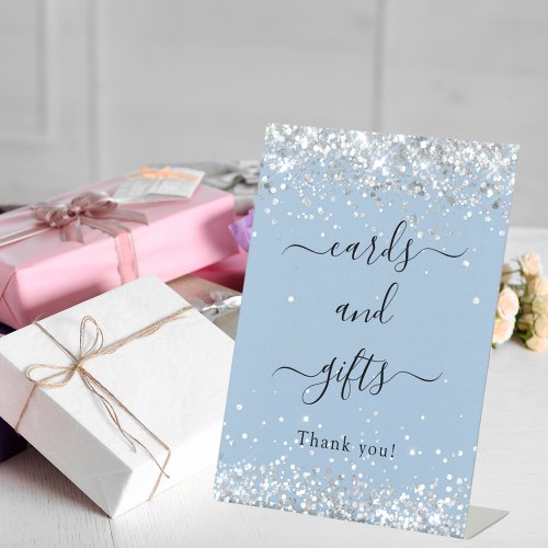 Cards gifts dusty blue silver wedding pedestal sign