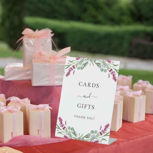 Cards gifts lavender pink floral greenery pedestal sign