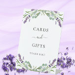 Cards gifts lavender violet floral eucalyptus pedestal sign<br><div class="desc">White elegant background,  decorated with lavender florals,  flowers and eucalyptus greenery.  Text: Cards and Gifts,  Thank You!</div>