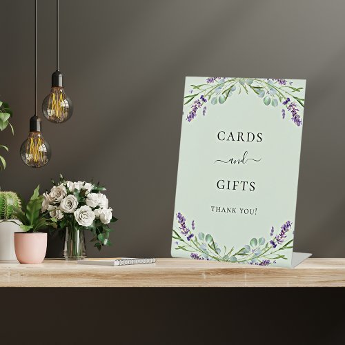 Cards gifts lavender violet floral eucalyptus sage pedestal sign