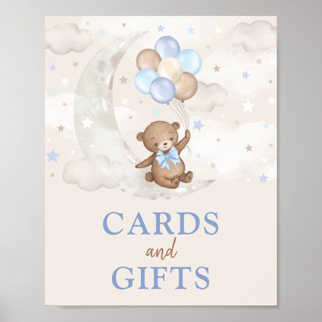 Cards & Gifts Moon Teddy Bear Blue Brown Balloons Poster (Front)