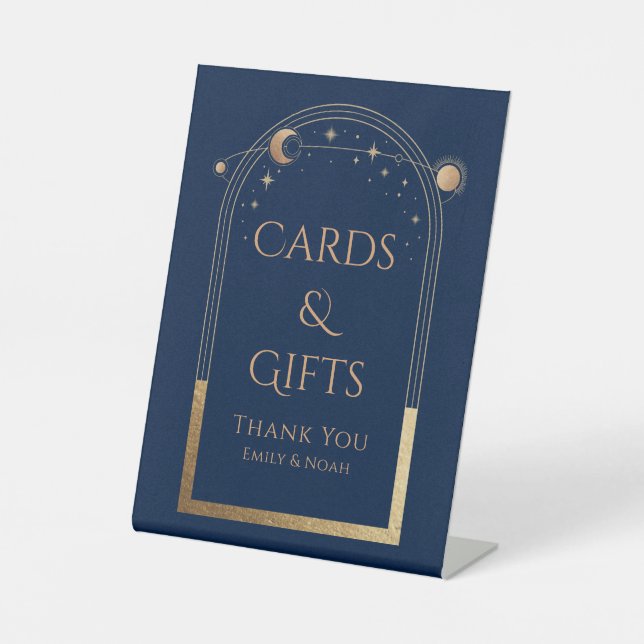 Cards & Gifts Mystical Blue Gold Sun Moon Wedding Pedestal Sign (Front)
