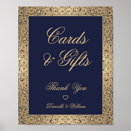 Cards  Gifts Navy Blue Gold Roses Elegant Wedding Poster