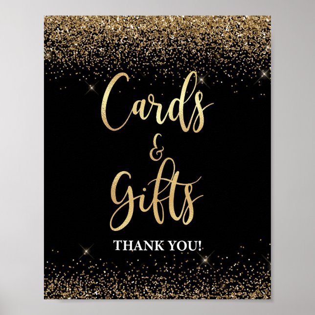 Cards & Gifts Sign Black & Gold Glitter Confetti (Front)