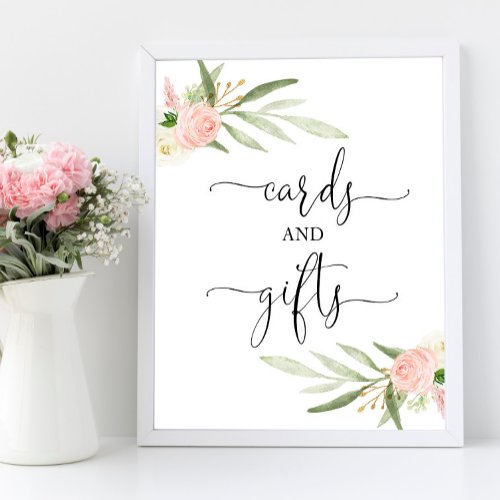 Cards gifts sign pink greenery gold baby shower