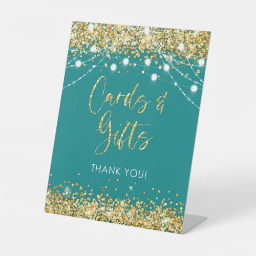 Cards  Gifts Teal Gold Pedestal Sign