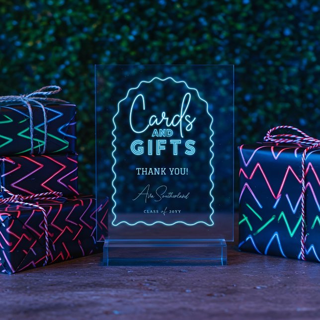Cards & Gifts Wavy Blue Neon Graduation Party Acrylic Sign (Cards & Gifts Wavy Blue Neon Graduation Party Acrylic Sign)