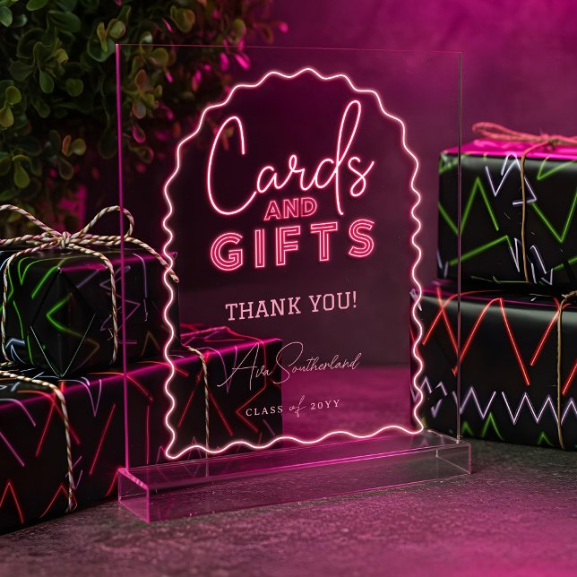 Cards & Gifts Wavy Pink Neon Graduation Party Acrylic Sign (Cards & Gifts Wavy Pink Neon Graduation Party Acrylic Sign)