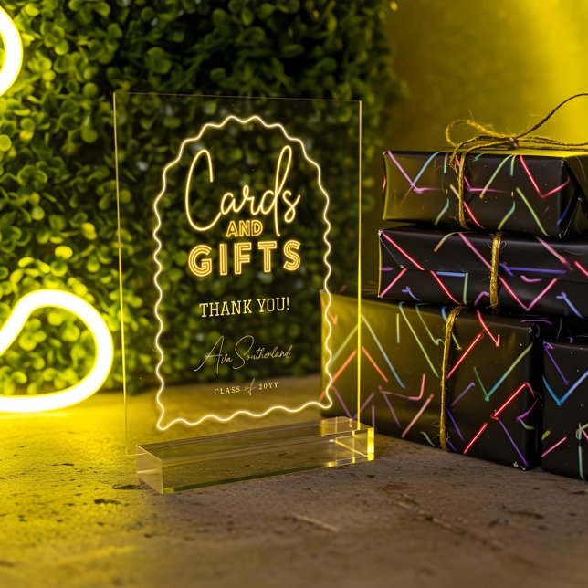 Cards & Gifts Wavy Yellow Neon Graduation Party Acrylic Sign (Cards & Gifts Wavy Yellow Neon Graduation Party Acrylic Sign)