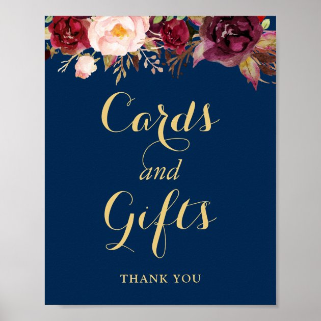 Cards Gifts Wedding Sign Burgundy Floral Navy Blue