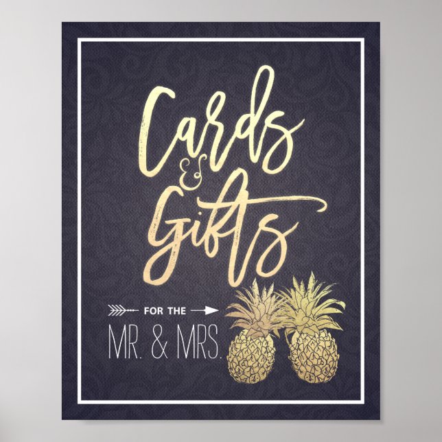 Cards & Gifts Wedding Sign Modern Gold Pineapples (Front)