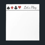 Cards Score Pad<br><div class="desc">This notepad has a graphic of spades,  diamonds,  clubs and hearts with text that says "Let's Play" Great for poker,  canasta,  bridge,  gin rummy,  and all other card games</div>