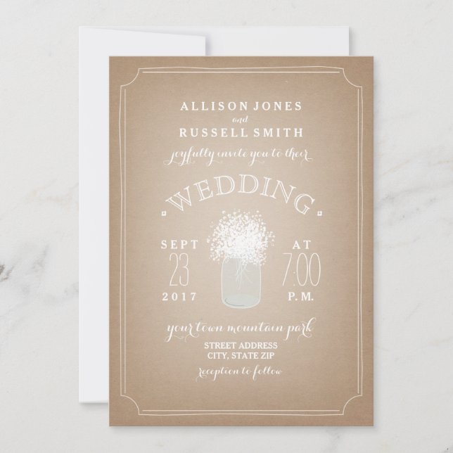 Cardstock Inspired Baby's Breath Mason Jar Wedding Invitation (Front)