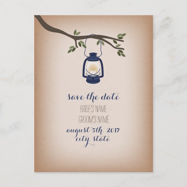 Cardstock Inspired Blue Camping Lantern Save Date Announcement Postcard (Front)