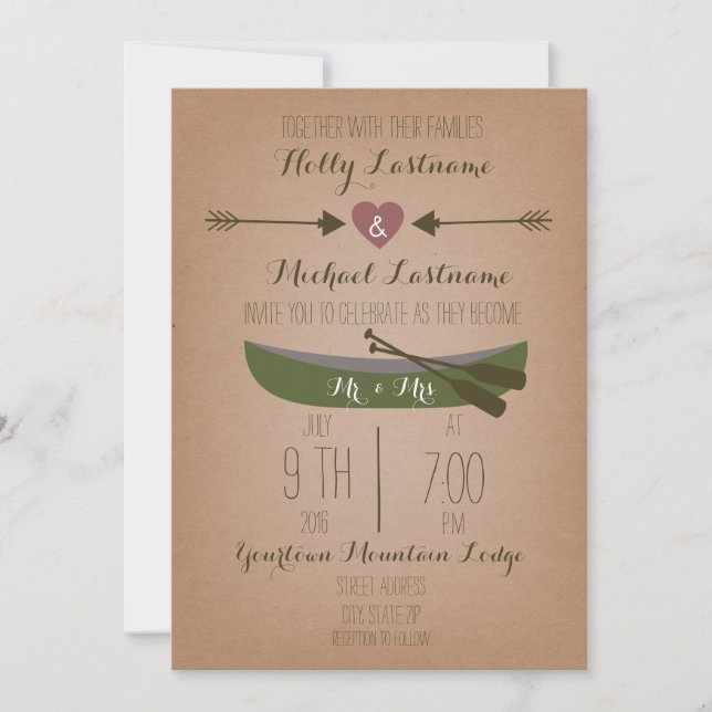 Cardstock Inspired Canoe + Arrows Wedding Invite (Front)