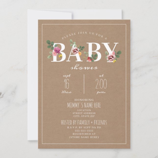 Cardstock Inspired Floral Baby Shower Invitation (Front)