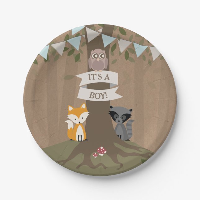 Cardstock Inspired Woodland Boy Baby Shower Paper Plates (Front)