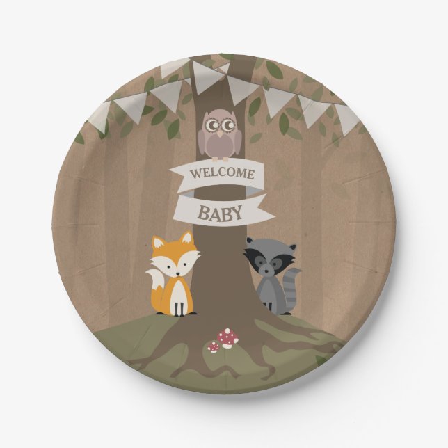 Cardstock Inspired Woodland Neutral Baby Shower Paper Plates (Front)