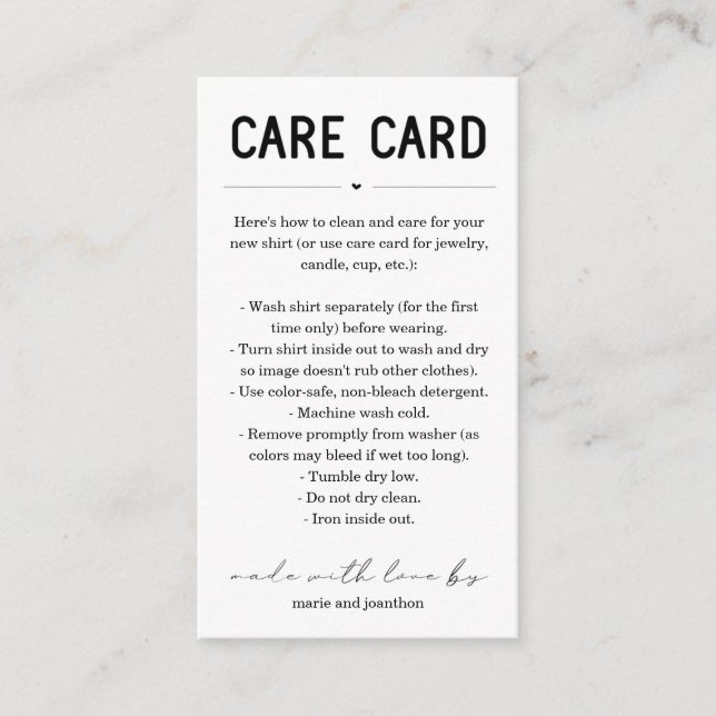 Care Card, Homemade Candle Shirt Jewelry Tumbler Enclosure Card (Front)