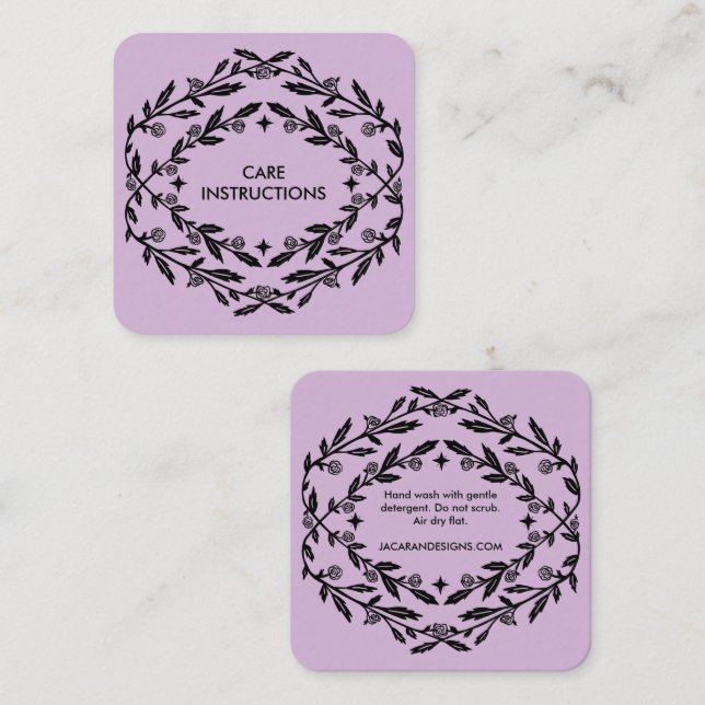 CARE INSTRUCTIONS Chic Elegant Rose Frame Floral Square Business Card (Front/Back)