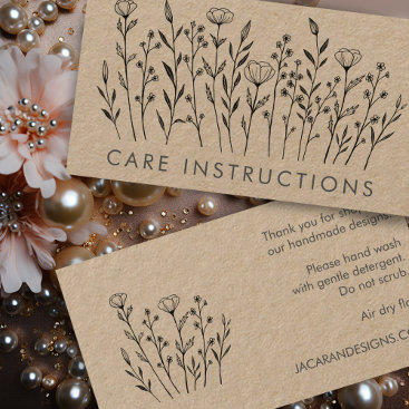 CARE INSTRUCTIONS Chic Elegant Wildflower Kraft Business Card