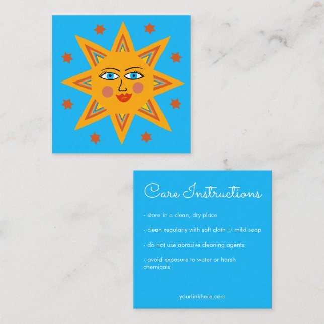 Care Instructions Sparkling Sun Cute Charming  Square Business Card (Front/Back)