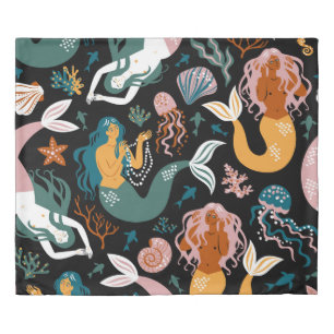 Carefree Mermaids Seashells Vintage Design Duvet Cover