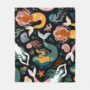 Carefree Mermaids Seashells Vintage Design Fleece Blanket