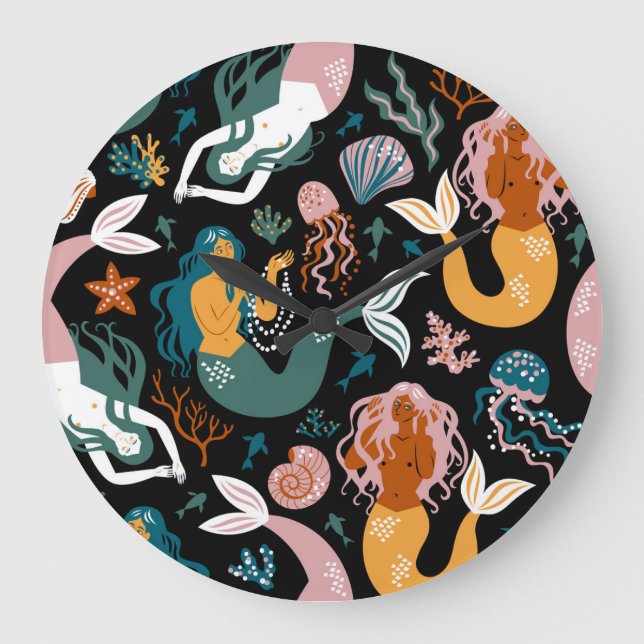 Carefree Mermaids Seashells Vintage Design Large Clock (Front)
