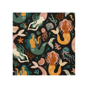 Carefree Mermaids Seashells Vintage Design Wood Wall Art