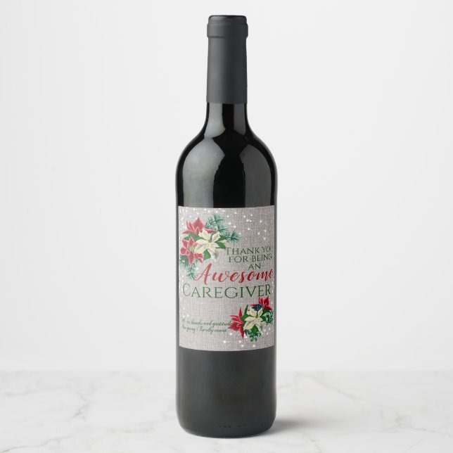 Caregiver Appreciation Festive Floral Burlap Wine Label (Front)