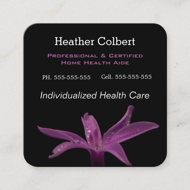 Caregiver Black and Cool Floral Professional Square Business Card (Front)