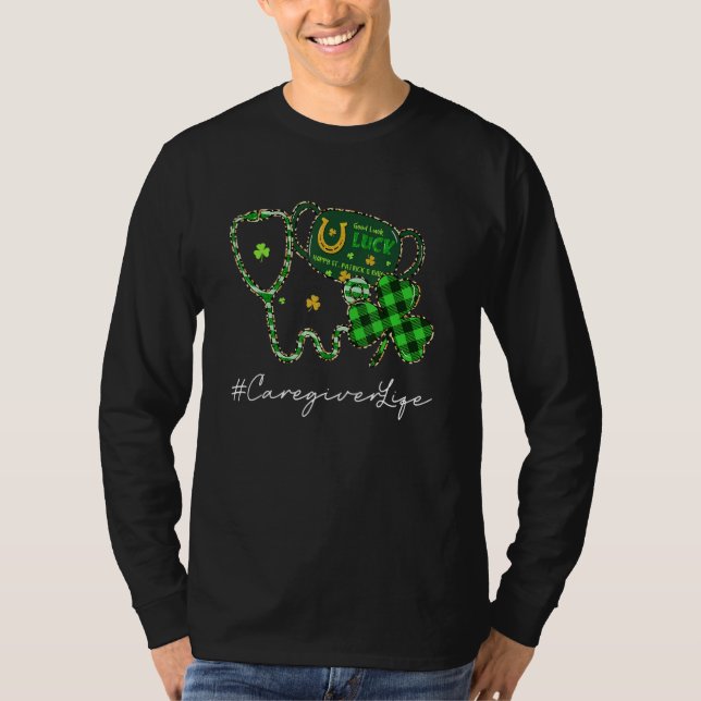 Caregiver Life Stetoscope Leopard Shamrock St Patr T-Shirt (Front)