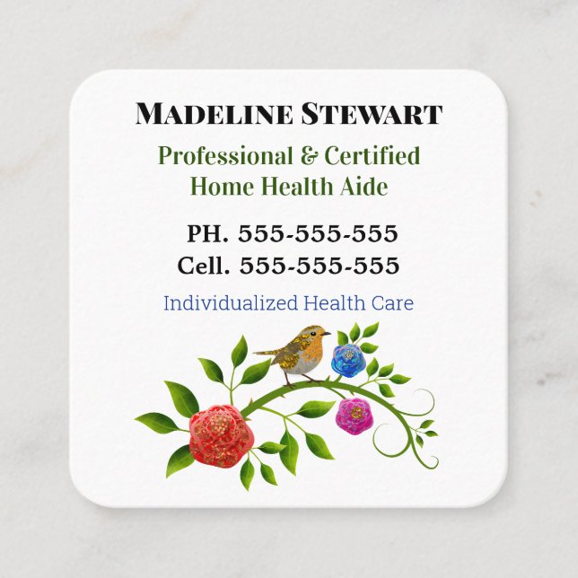 Caregiver Little Bird Helper Square Professional Square Business Card (Front)