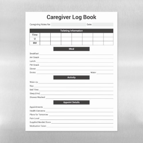 Caregiver Logbook Caregiving Aging Parents  Magnetic Dry Erase Sheet